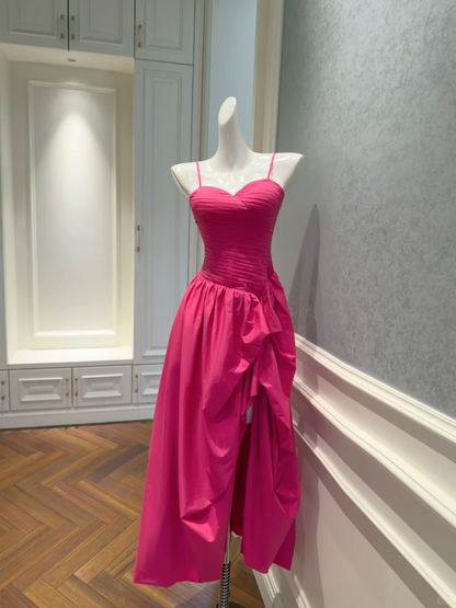 Classy Spaghetti Straps Rose Red Satin Pleated A Line Evening Dress Long Wedding Guest Dress D2980