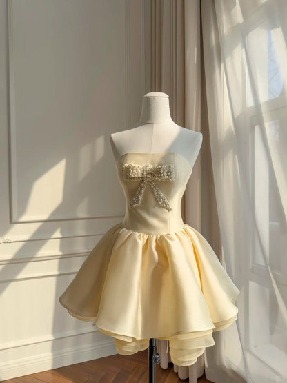 Pretty Strapless Organza Layered A Line Short 9th Grade Homecoming Dress Yellow Mini Birthday Dress D2954