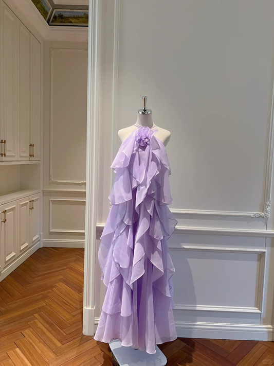 Glamorous Halter Chiffon Ruffle Layered Long Party Dress,Lavender Evening Gown D2994