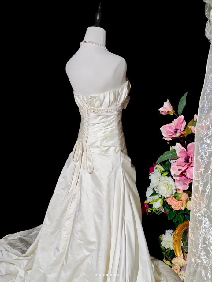 Charming Strapless Ivory Beaded Satin Pleated Mermaid Long Evening Dress Formal Birthday Prom Gowns D2366