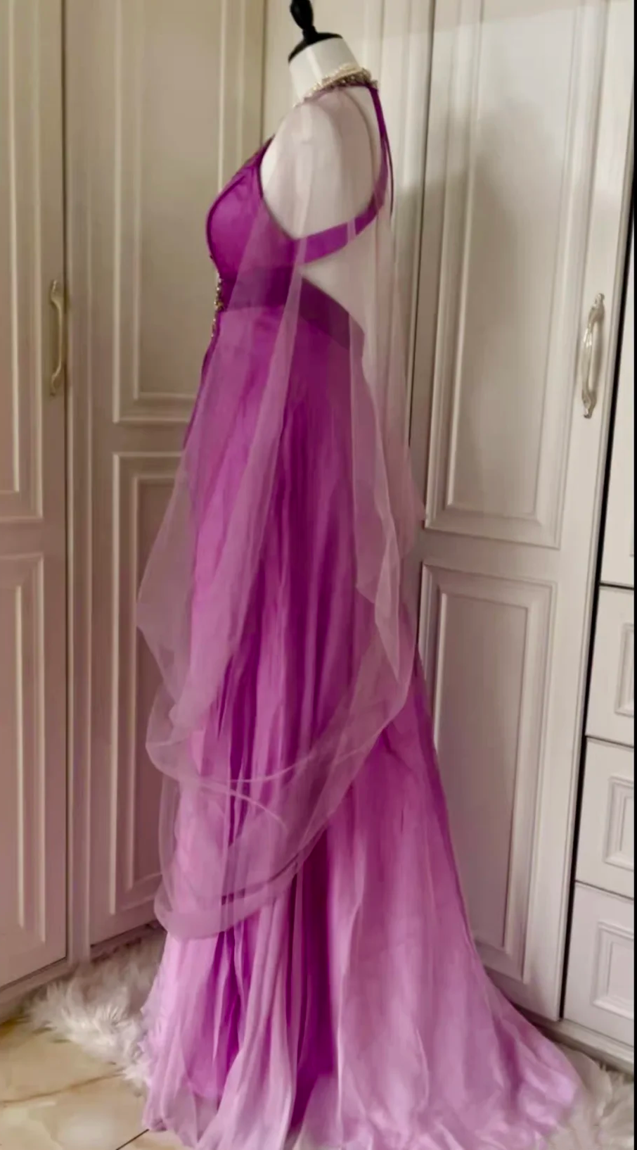 Sexy Ombre Purple Halter Satin Beaded Mermaid Long Evening Dress Backless Birthday Prom Dress D3095