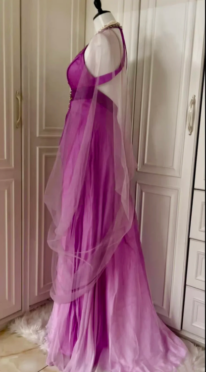 Sexy Ombre Purple Halter Satin Beaded Mermaid Long Evening Dress Backless Birthday Prom Dress D3095