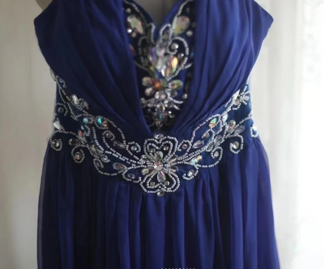 Stylish Halter Royal Blue Chiffon Beaded Long Evening Dress Formal Wedding Guest Dress Prom Gown D2201