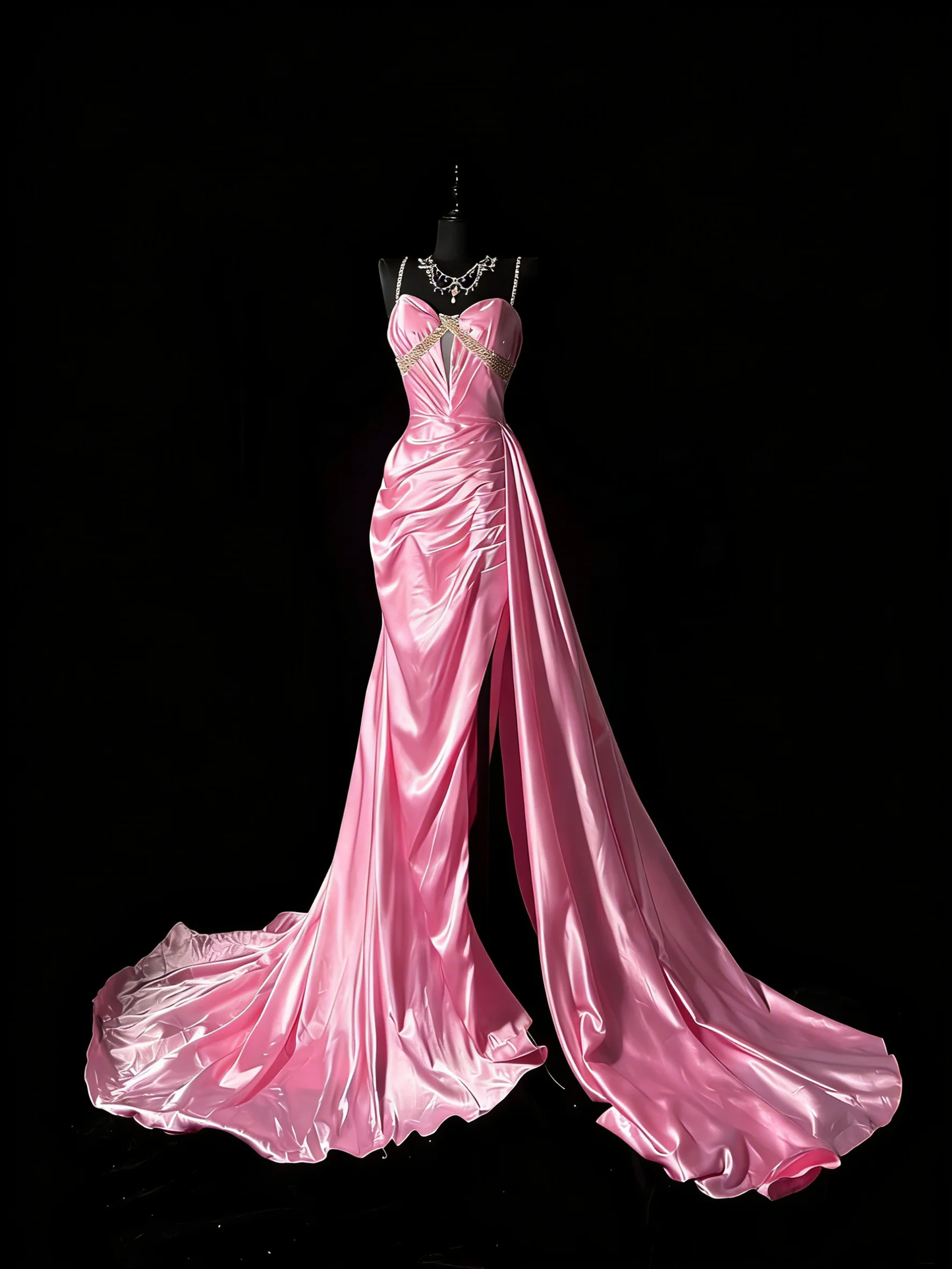 Unique Mermaid Spaghetti Straps Pink Satin Vintage 1950s Long Prom Dresses Party Dress D4267
