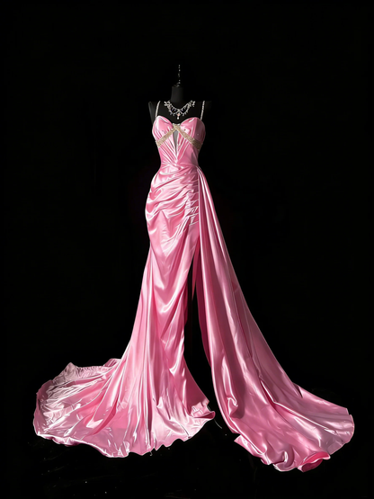 Unique Mermaid Spaghetti Straps Pink Satin Vintage 1950s Long Prom Dresses Party Dress D4267