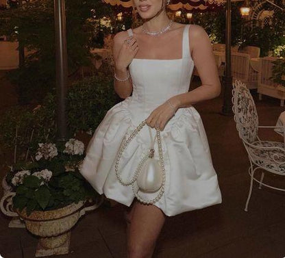 Simple White Satin A Line Short 7th Grade Homecoming Dress,Spaghetti Straps Square Neck Short Birthday Dress D3966