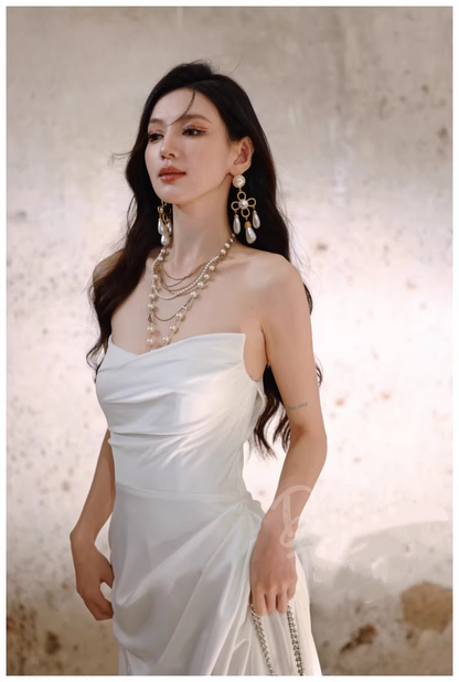 Charming Strapless Satin Pleated Mermaid Long Evening Dress White 19th Birthday Outfits D2410