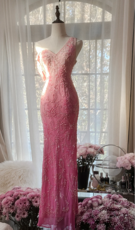 Pretty V Neck Ombre Pink Chiffon Beaded Mermaid Long Party Dress Birthday Evening Gown D2296