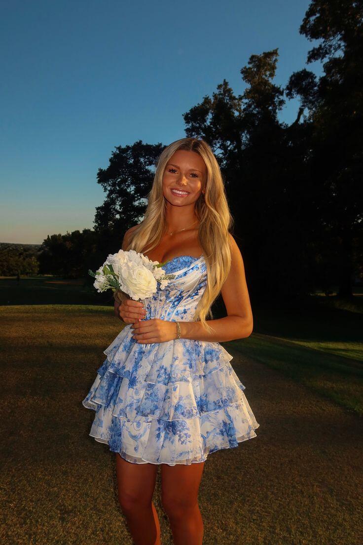 Classy Blue Chiffon Printed Floral Short 9th Grade Homecoming Dress,Sweetheart Neck A Line Mini Birthday Dress D3467