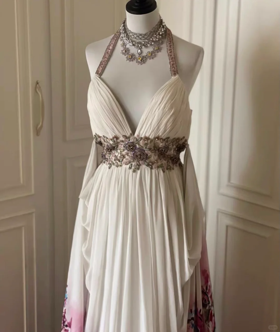 Beautiful Halter Beaded Chiffon Print Floral Mermaid Evening Dress,White Long Party Gown D3105