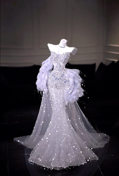 Glamorous Strapless Tulle Sequin Beaded Mermaid Evening Dress Lilac Long Birthday Party Dress D5207