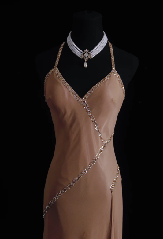 Classy Halter Chiffon Sequin Beaded Mermaid Long Wedding Guest Dress Formal Party Dress D1663