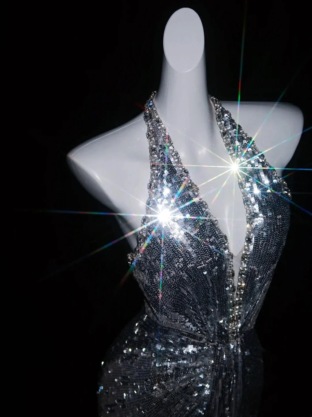Glitter Silver Sequin Beaded Mermaid Long Evening Dress Halter V Neck Long Birthday Prom Dresses D4847
