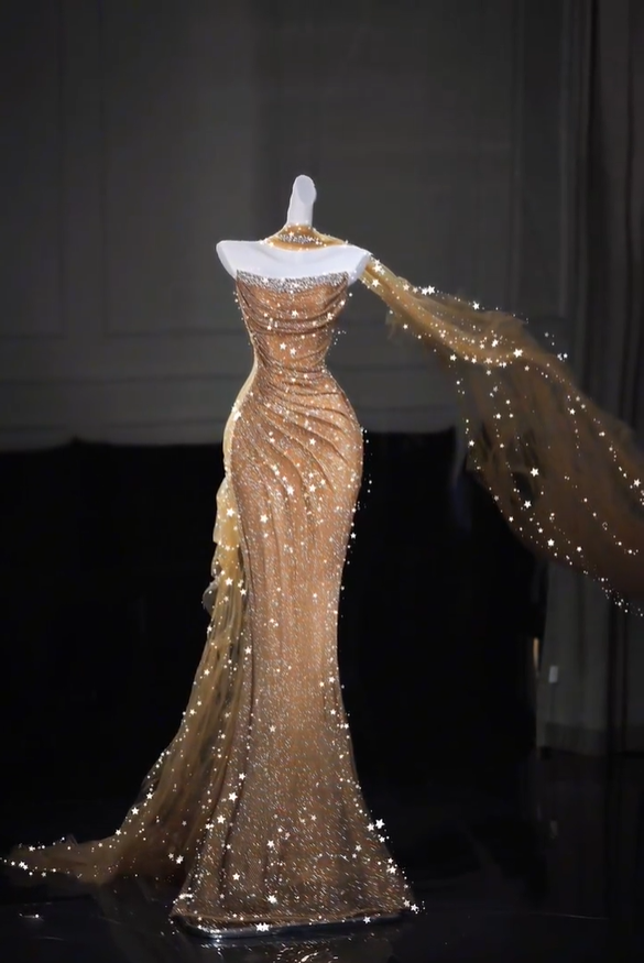 Charming Strapless Gold Tulle Sequin Beaded Mermaid Long Evening Dress Prom Dresses D5211
