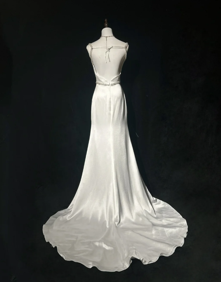 Pretty White Satin Beaded Mermaid Long Wedding Guest Dress Formal Party Dress Evening Gown D1994