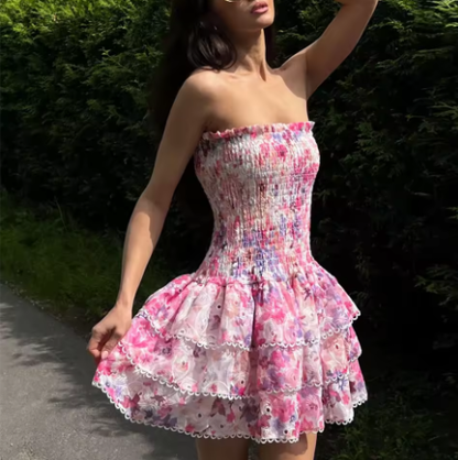 Pretty Pink Print Floral Layered A Line Mini Prom Dress Strapless Graduation Homecoming Dress S467