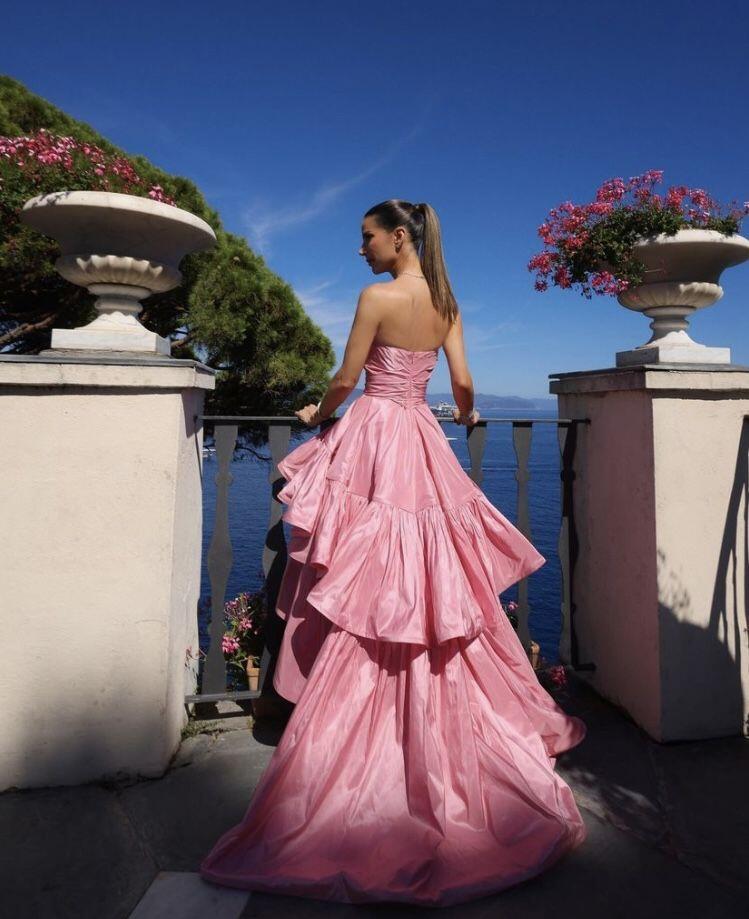 Pretty Pink Strapless Satin Pleated Ruffles Long Birthday Party Dress Evening Gown D4592