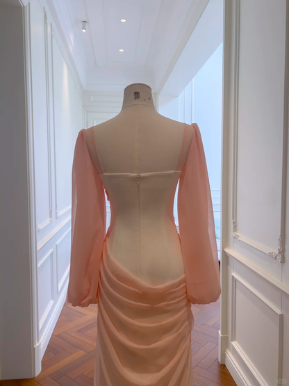 Elegant Pink Chiffon Pleated Beaded Long Evening Dress Birthday Dress D2982