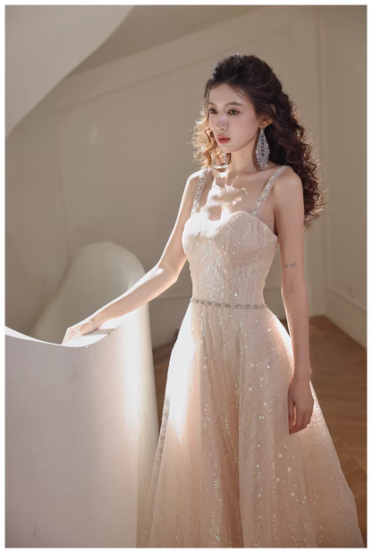 Elegant Light Champagne Tulle Sequin Beaded A Line Mid Length Birthday Prom Dress Evening Gown D2443