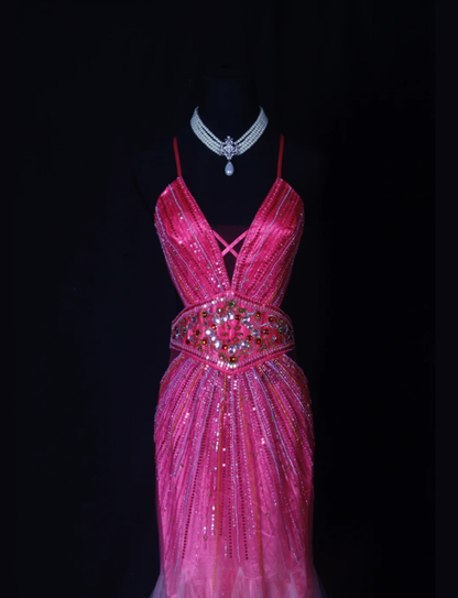 Gorgeous Spaghetti Straps Hot Pink V Neck Satin Tulle Beaded Mermaid Prom Dress Backless Long Evening Gown D2265