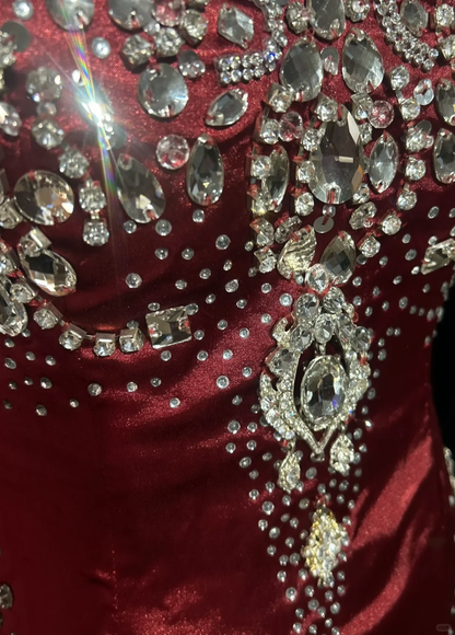 Gorgeous Burgundy Satin Beaded Mermaid Long Party Dress Evening Gown D3117