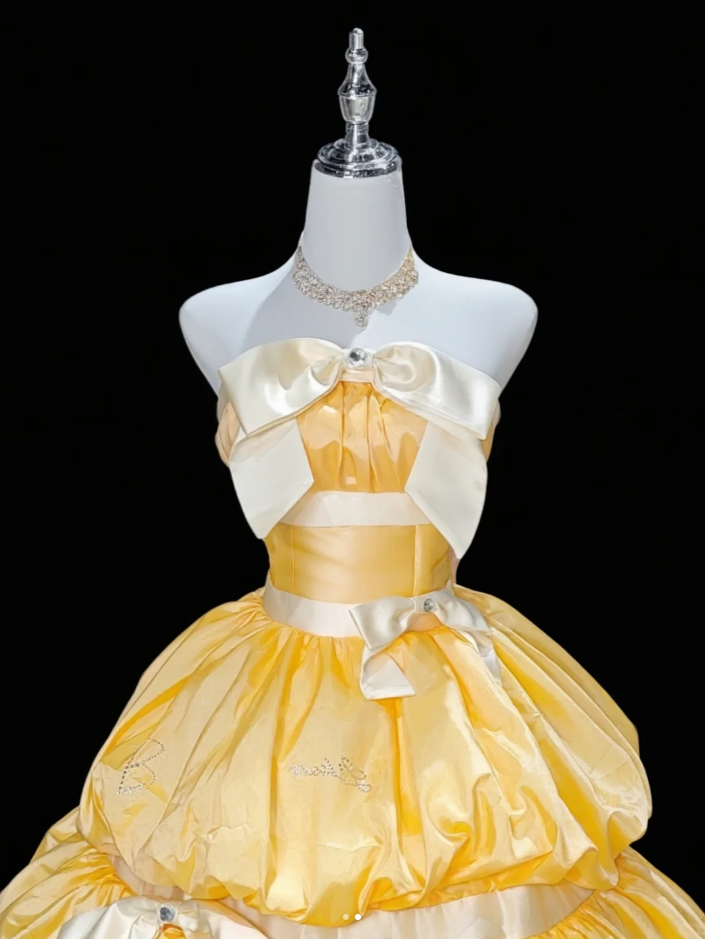 Unique Strapless Ball Gown Yellow Satin Beaded Formal Quinceanera Dress Sweet 16 Dress D2346
