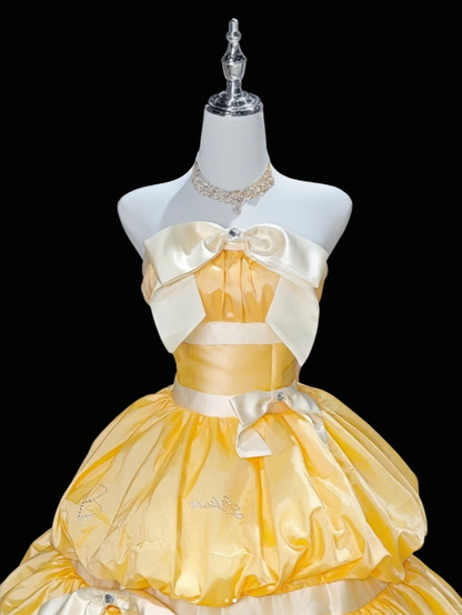 Unique Strapless Ball Gown Yellow Satin Beaded Formal Quinceanera Dress Sweet 16 Dress D2346