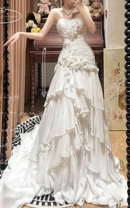 Elegant Strapless Satin Pleated Layered Mermaid Long Wedding Dress White Formal Bridal Dress D2043