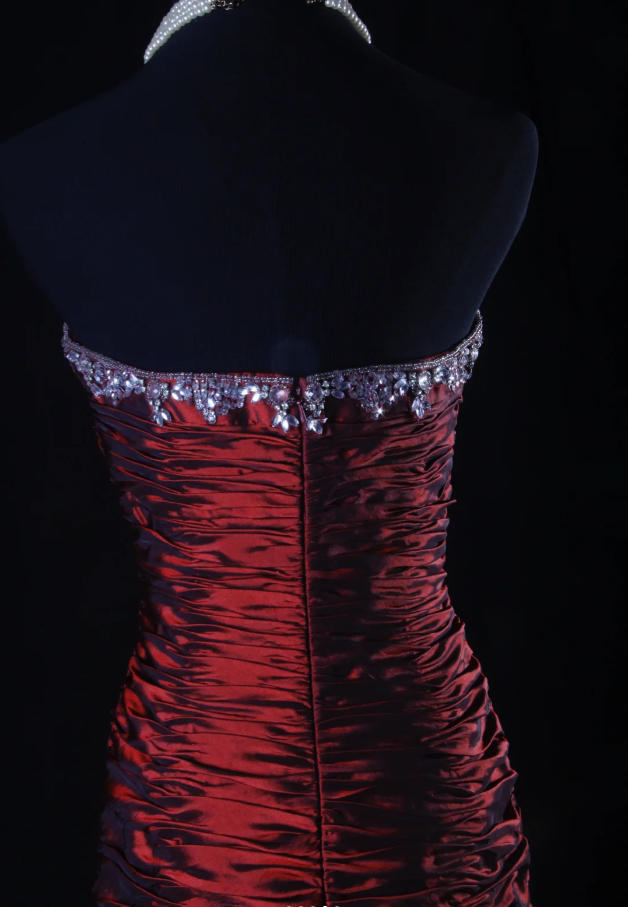 Vintage Strapless Burgundy Satin Pleated Mermaid Long Party Dress Prom Gown With Beads D2224