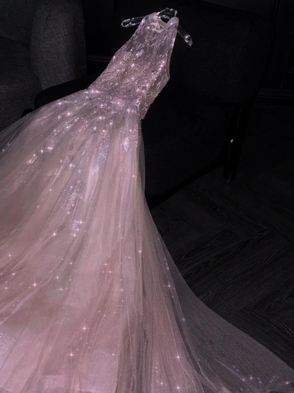 Shiny Pink Tulle Lace Sequin Beaded Mermaid Long Evening Dress 18th Birthday Gowns Prom Dresses D4562