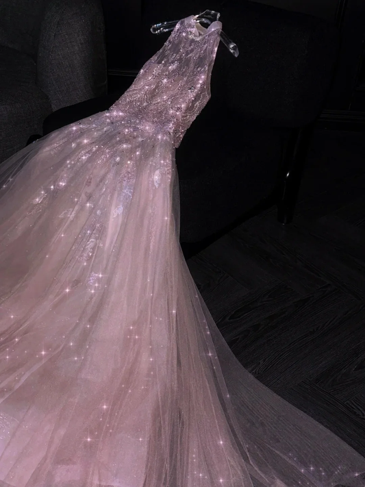 Shiny Pink Tulle Lace Sequin Beaded Mermaid Long Evening Dress 18th Birthday Gowns Prom Dresses D4562