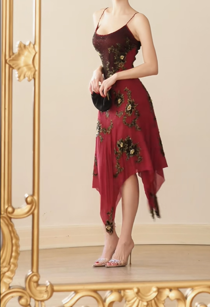 Unique Spaghetti Straps Chiffon Floral Beaded Long Party Dress Burgundy Mermaid Prom Gown D2746