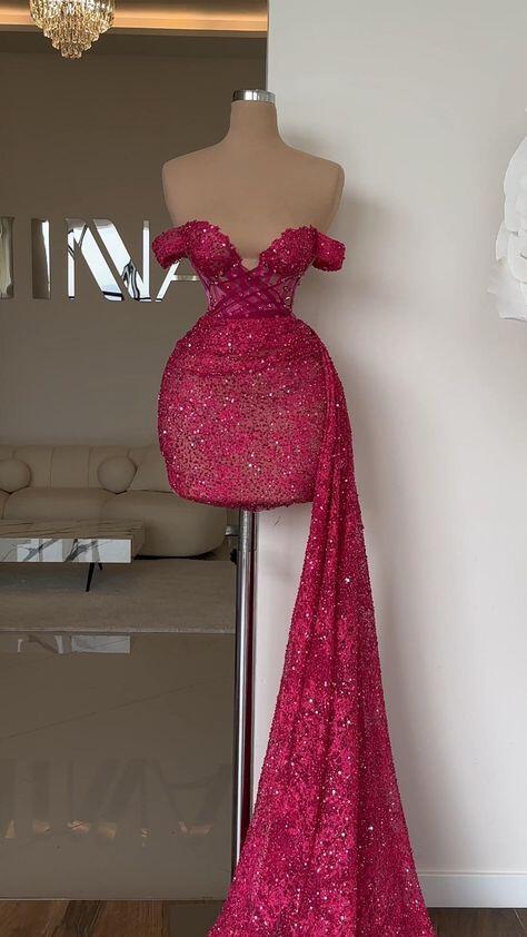 Gorgeous Hot Pink Sequin Sheath Short Graduation Homecoming Dress,Off The Shoulder Short Party Dress D4137