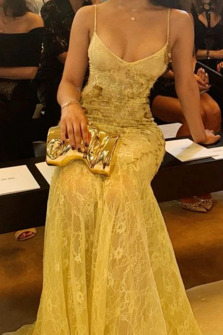 Charming Spaghetti Straps Lace Mermaid Yellow Long Party Dress Evening Gown D1273