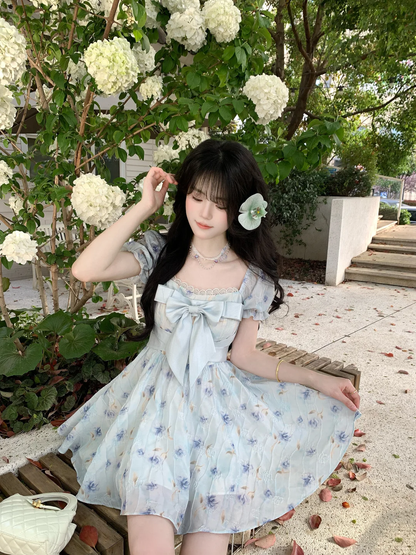 Cute Blue Chiffon Printed Floral A Line Short Prom Dress Formal Graduation Homecoming Dress D107