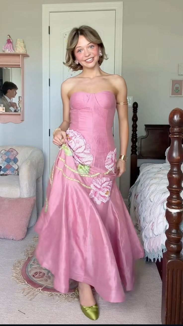 Charming Pink Satin Floral Mermaid Long Evening Dress Strapless Long Wedding Guest Dress D4395