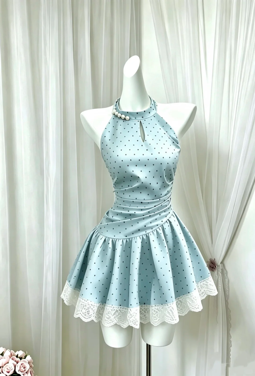 Cute Blue Halter Satin Lace A Line Cocktail Dress Short 7th Grade Homecoming Dress D3055
