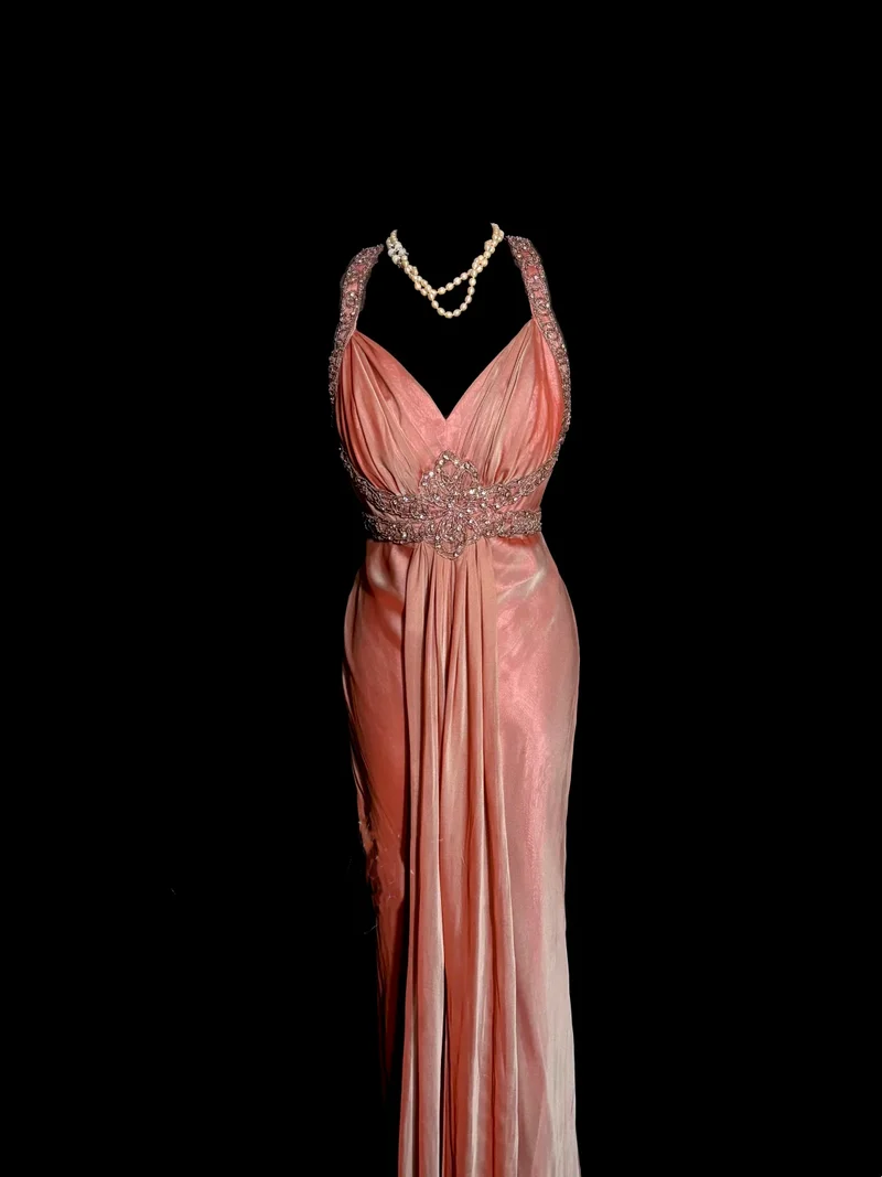 Elegant Peach Pink V-Neck Long Prom Dress Beaded Backless Mermaid Long Party Dress D4737
