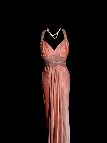 Elegant Peach Pink V-Neck Long Prom Dress Beaded Backless Mermaid Long Party Dress D4737