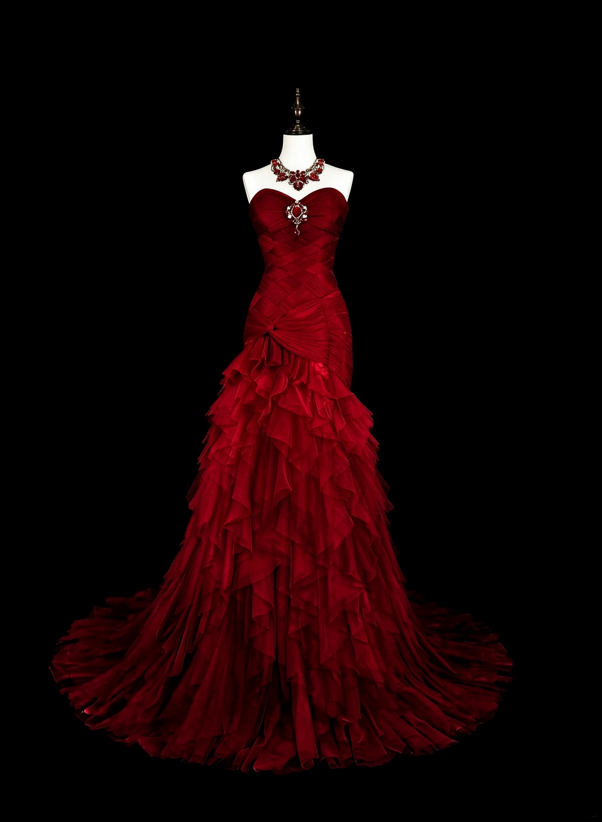 Charming Strapless Tulle Pleated Ruffles Mermaid Long Prom Dress Burgundy Evening Dress D5386