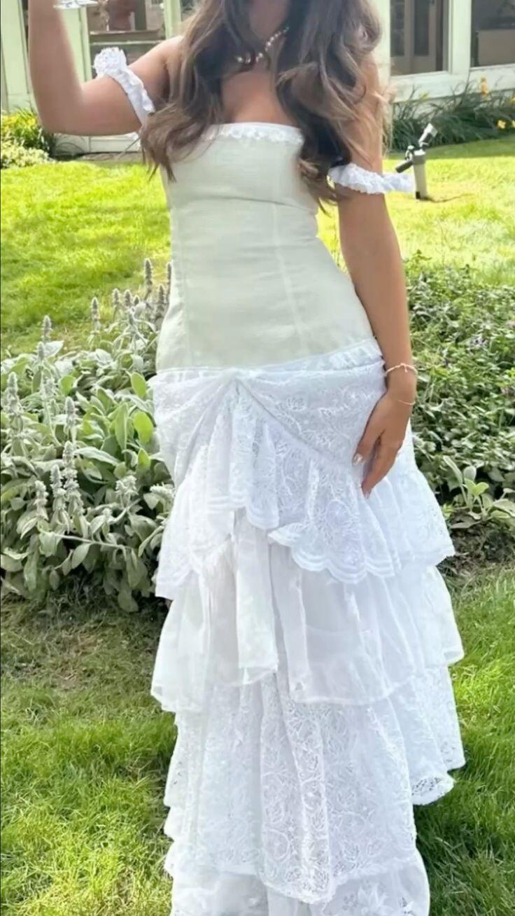 Elegant Off The Shoulder White Lace Ruffle Mermaid Party Dress Long Prom Dress D5051
