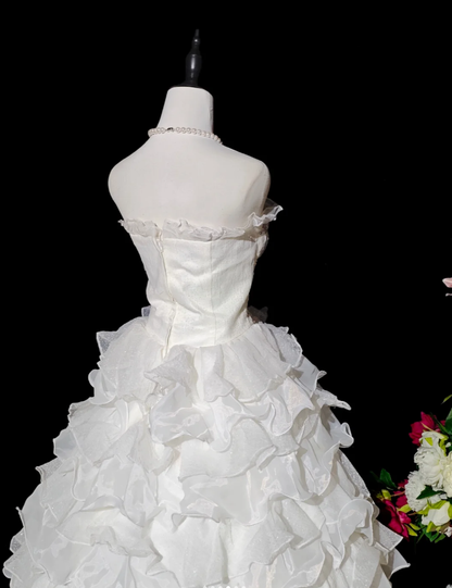 Glamorous Strapless Beaded White Chiffon Ruffles Layered Long Wedding Dress Formal Bridal Gowns D2367