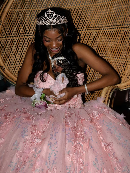 Glamorous Pink Sweetheart Neck Tulle Sequin Appliques Ball Gown Sweet 16 Dress Princess Quinceanera Dress D1439