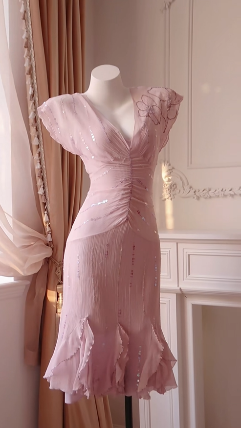 Sexy V Neck Sleeveless Pink Chiffon Sequin Midi Party Dress Prom Dress D2721