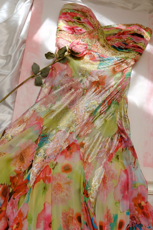 Gorgeous Sweetheart Neck Sequin Chiffon Print Floral Mermaid Long Party Dress Birthday Prom Dress D2750