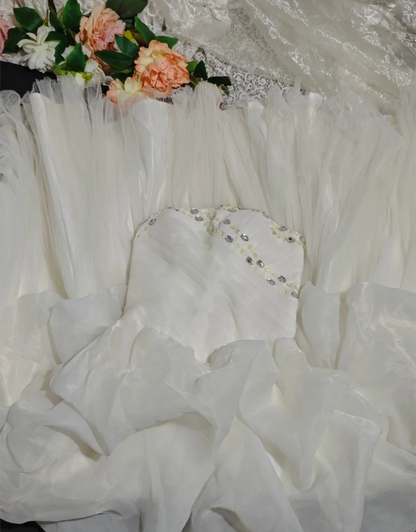 Pretty White Strapless Ball Gown Tulle Pleated Beaded Long Wedding Dress Bridal Dress D2368