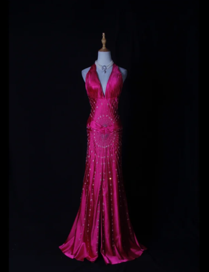 Sexy Halter V Neck Satin Beaded Mermaid Evening Dress Hot Pink Long Slit Wedding Guest Dress D2271