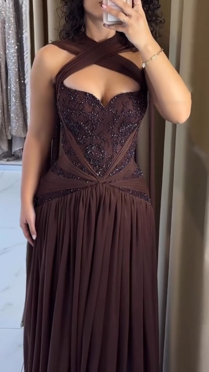 Charming Brown Chiffon Beaded A Line Long Wedding Guest Dress Formal Evening Dress D2979