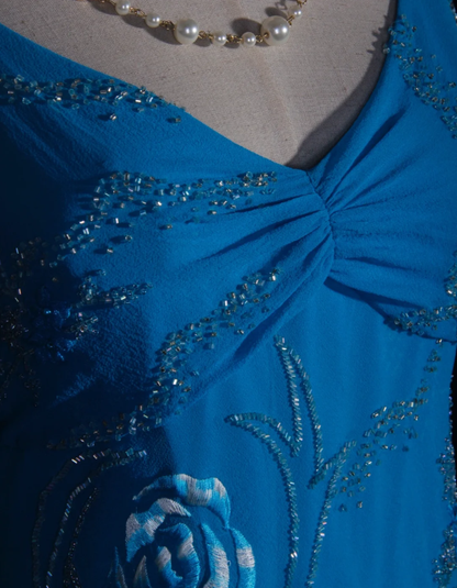 Pretty Blue Spaghetti Straps Embroidery Floral Chiffon Beaded Mermaid Long Prom Dress Party Gowns D2279