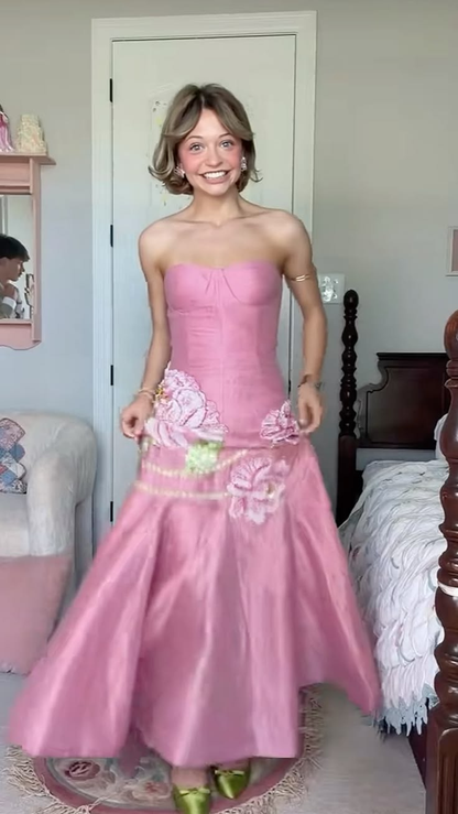 Charming Pink Satin Floral Mermaid Long Evening Dress Strapless Long Wedding Guest Dress D4395
